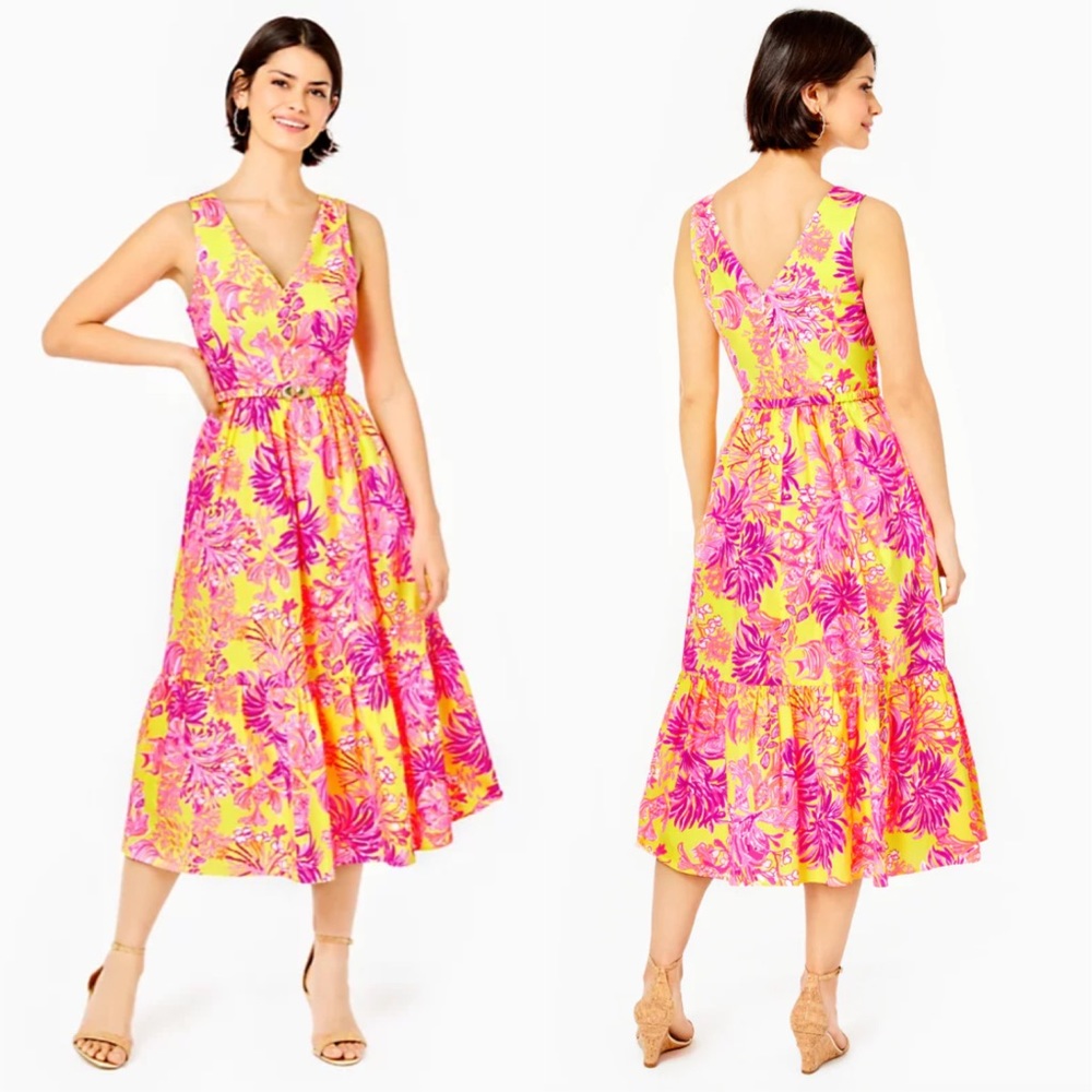 NEW Lilly Pulitzer Bri V-Neck Cotton Midi Dress Calla Yellow Floral Coral 4